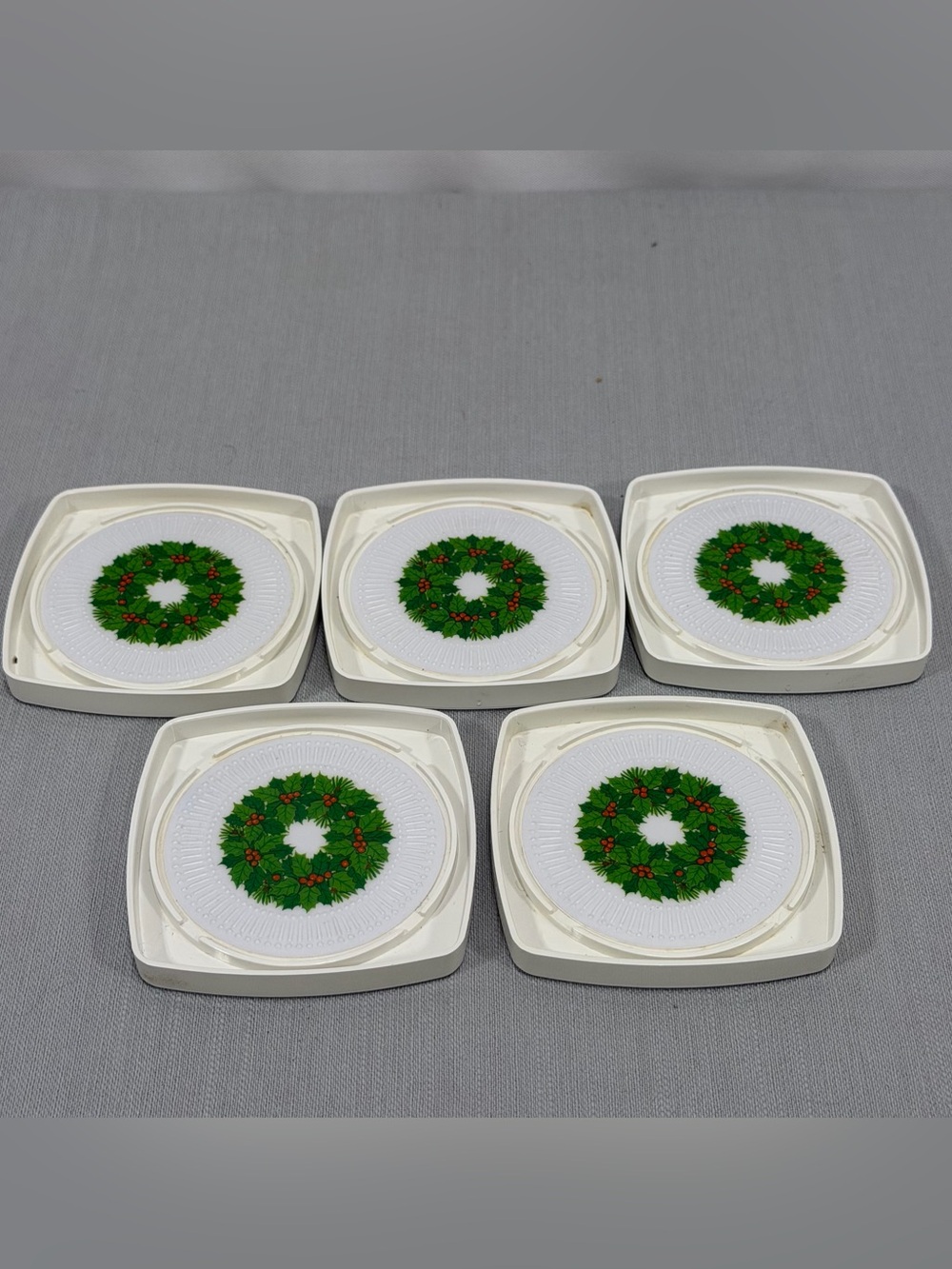 Vintage Hallmark Square Plastic Coasters Holly Wreath Christmas 5 pcs